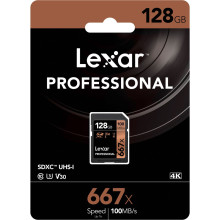 Lexar 667X Professional 128GB U3 V30 SDXCâ„¢ UHS-I Memory Cards (up to 100MB/s read, Write 90MB/s)